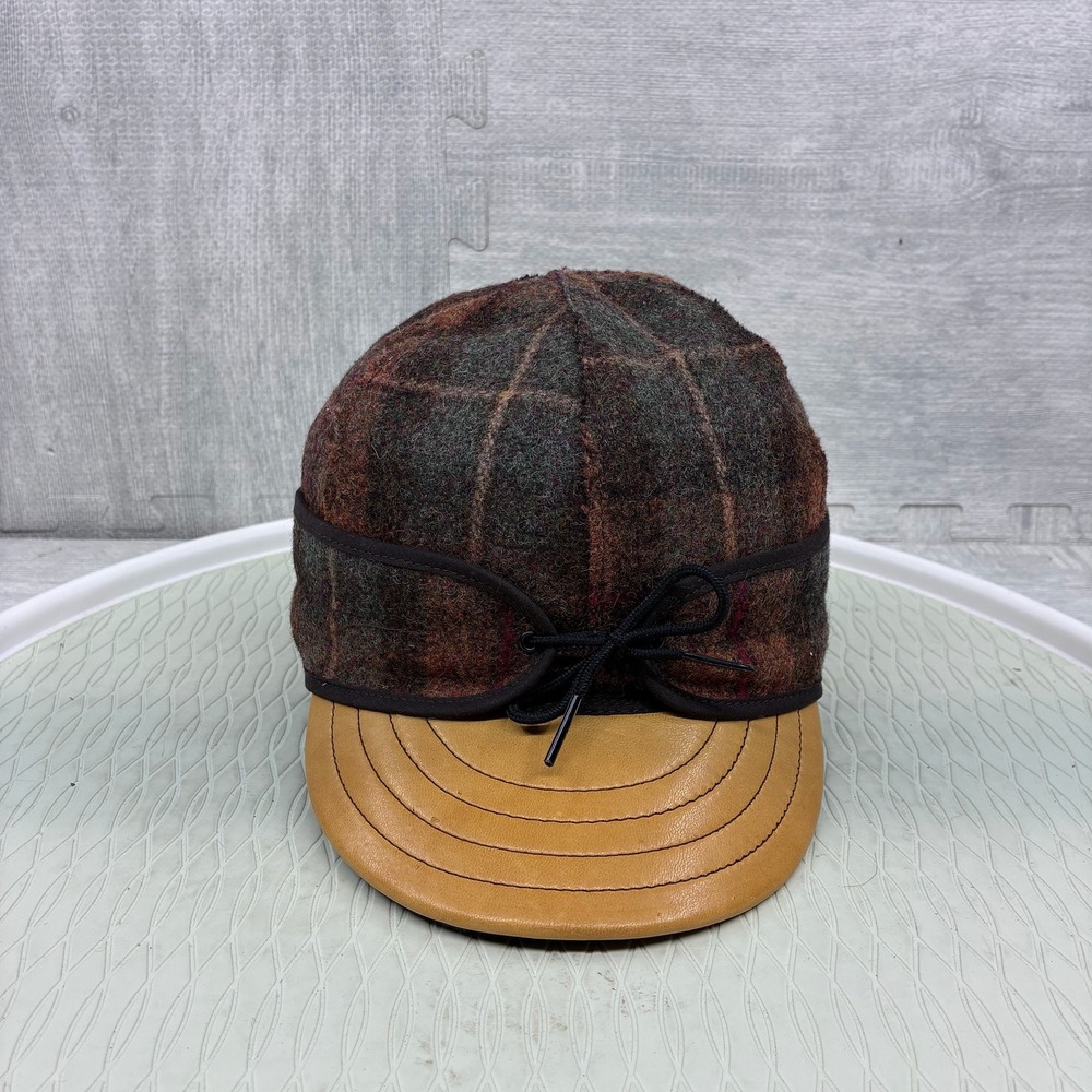 Stormy Kromer Ironwood Cap Mens 6 7/8 Brown Plaid Wool Leather Brim Hunting Hat